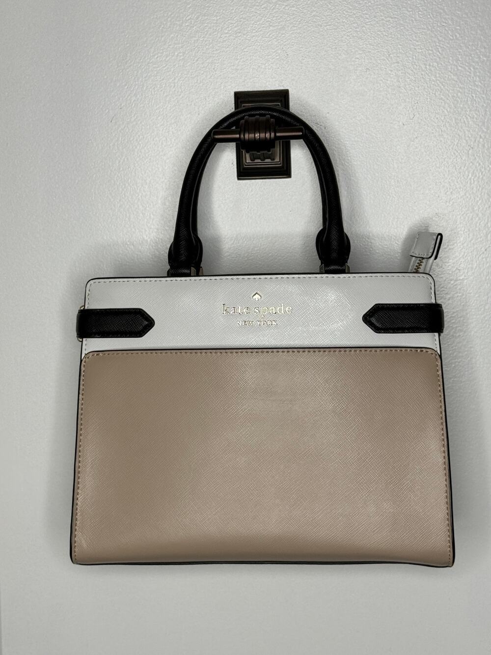 Kate Spade Staci Satchel warm beige multi colorway Saffiano leather Flawed GUC